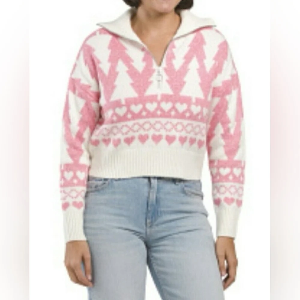 Jessica Simpson Winter Fuzzy Pink Christmas Tree Heart Cropped Half Zip Sweater - Picture 3 of 11